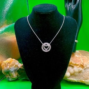 Silver Sterling Heart Circle Pendant Necklace  tiny Diamond accents